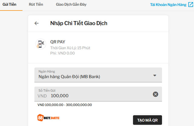 Tạo mã QR cho giao dịch nạp tiền 88BET